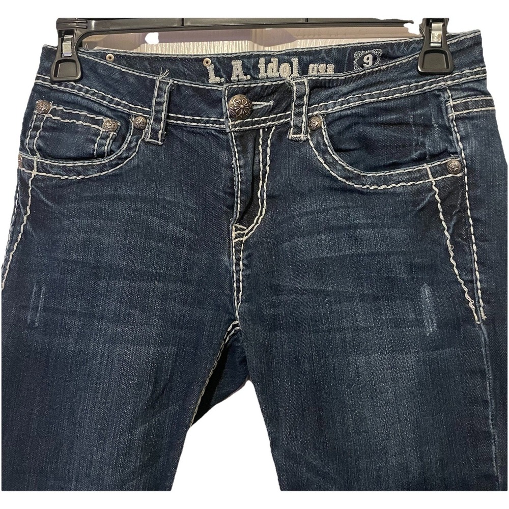LA Idol USA Women's Size 9 Dark Wash Capri Jeans Thick Stitch Embroidered Pocket - Picture 5 of 9